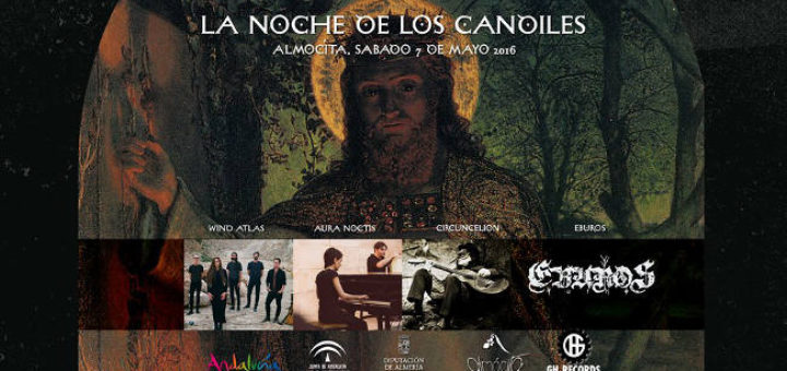 Cabecera horizontal de La Noche de los Candiles 2016, con ilustración principal del cartel y fotos de los grupos musicales
